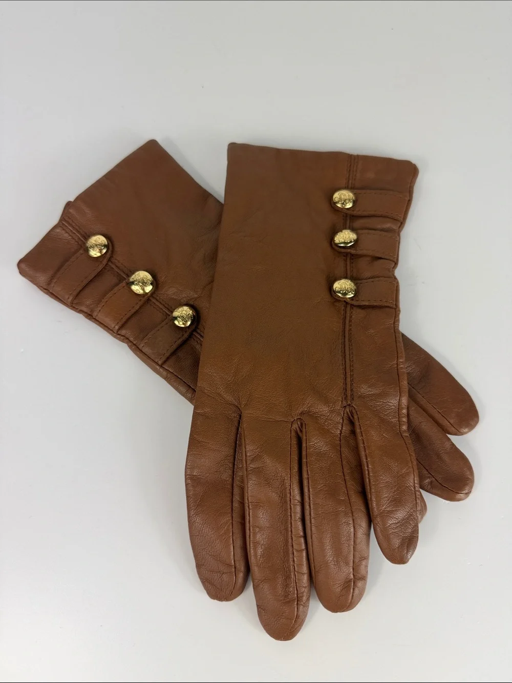 Lauren Ralph Lauren Brown Leather Gloves Gold Button Cuff Size L